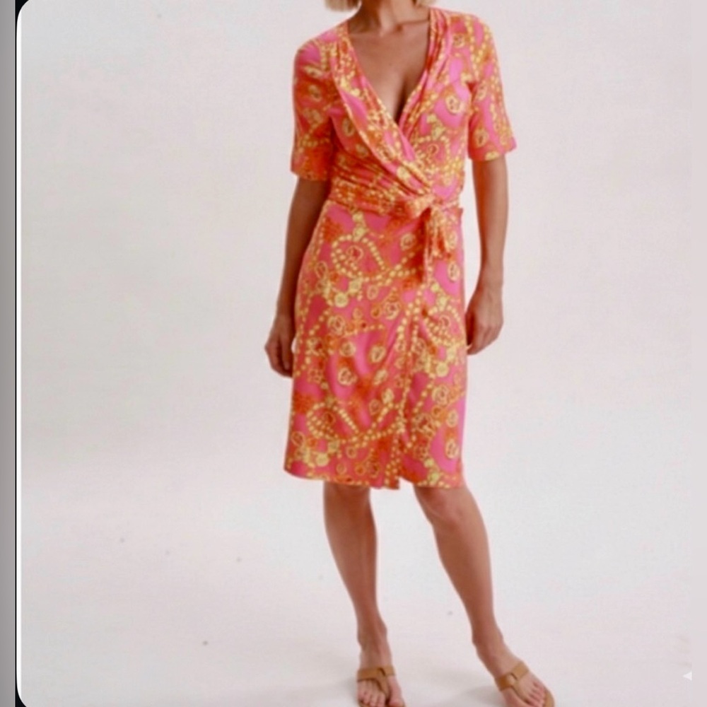 Lilly Pulitzer women’s Adalie warp midi dress printed pink yellow short sleeve S